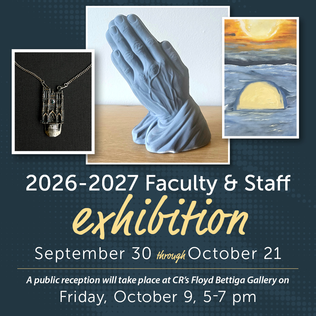 figure sculpture of a pair of hands, a heavy necklace, and a painting of a sunset