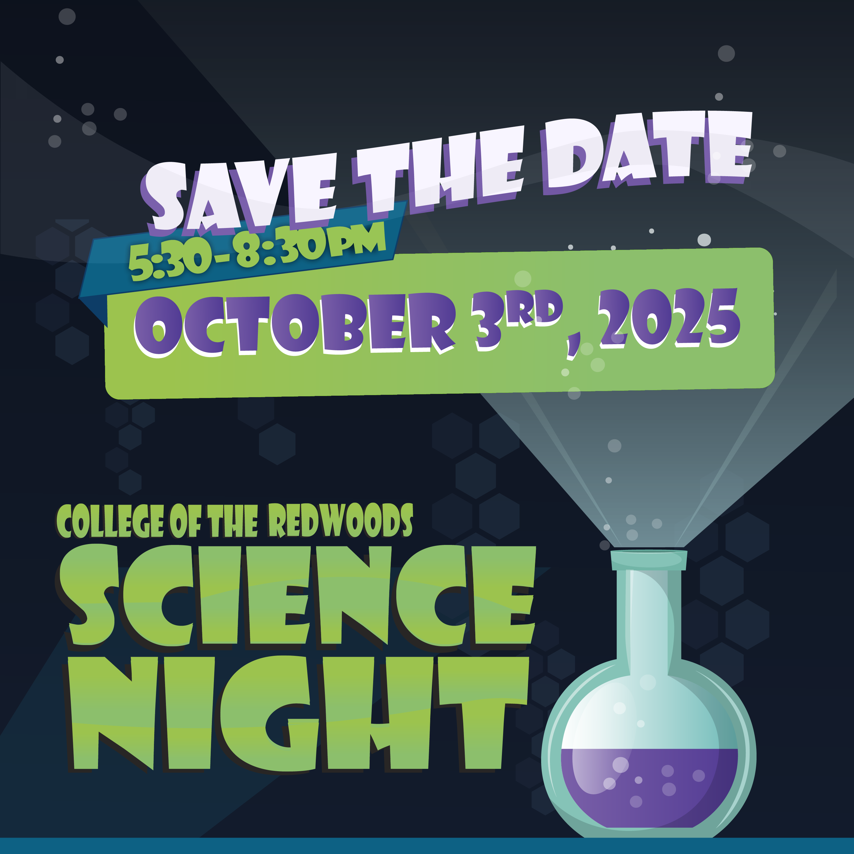 beaker and flask with green and purple lettering