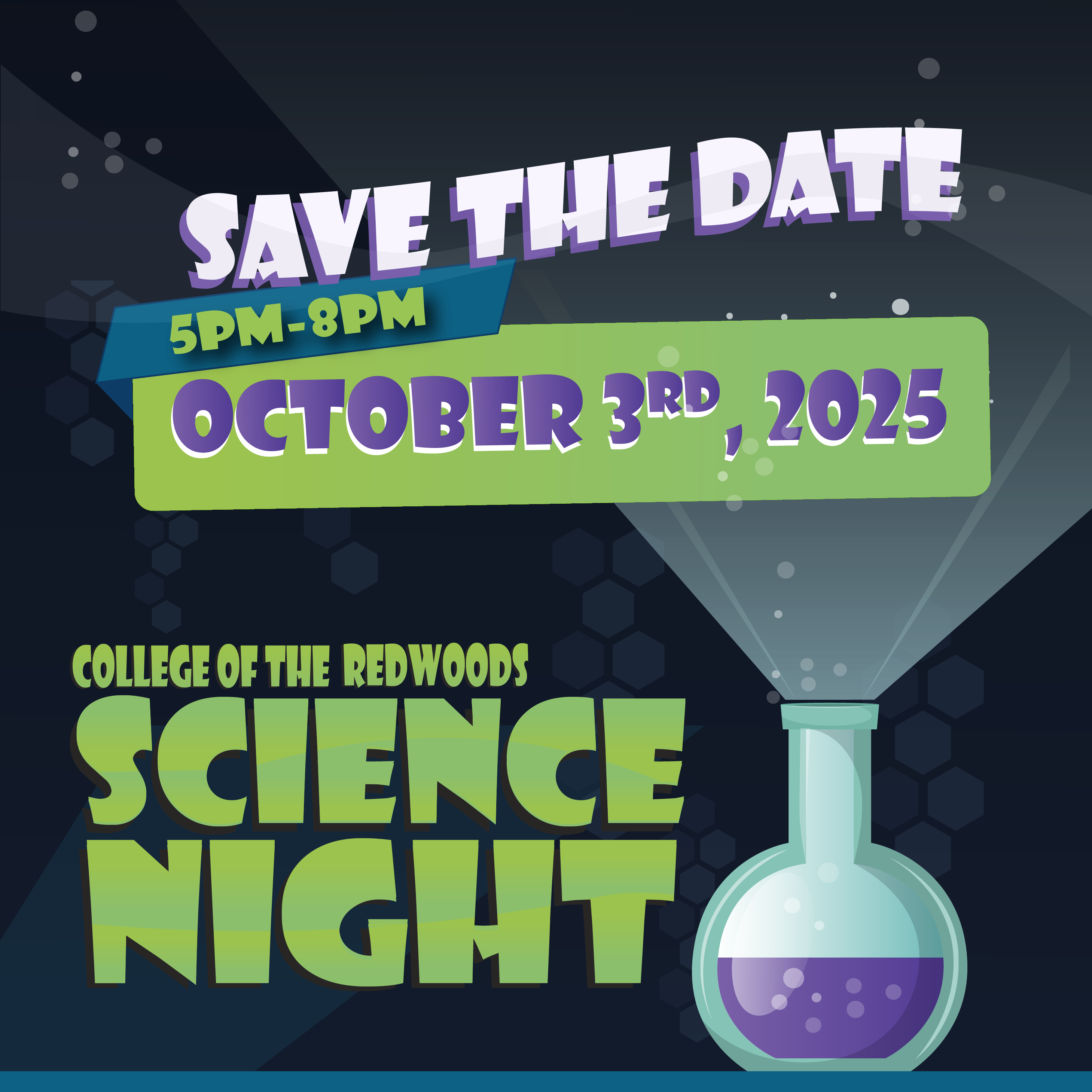 beaker and flask with green and purple lettering