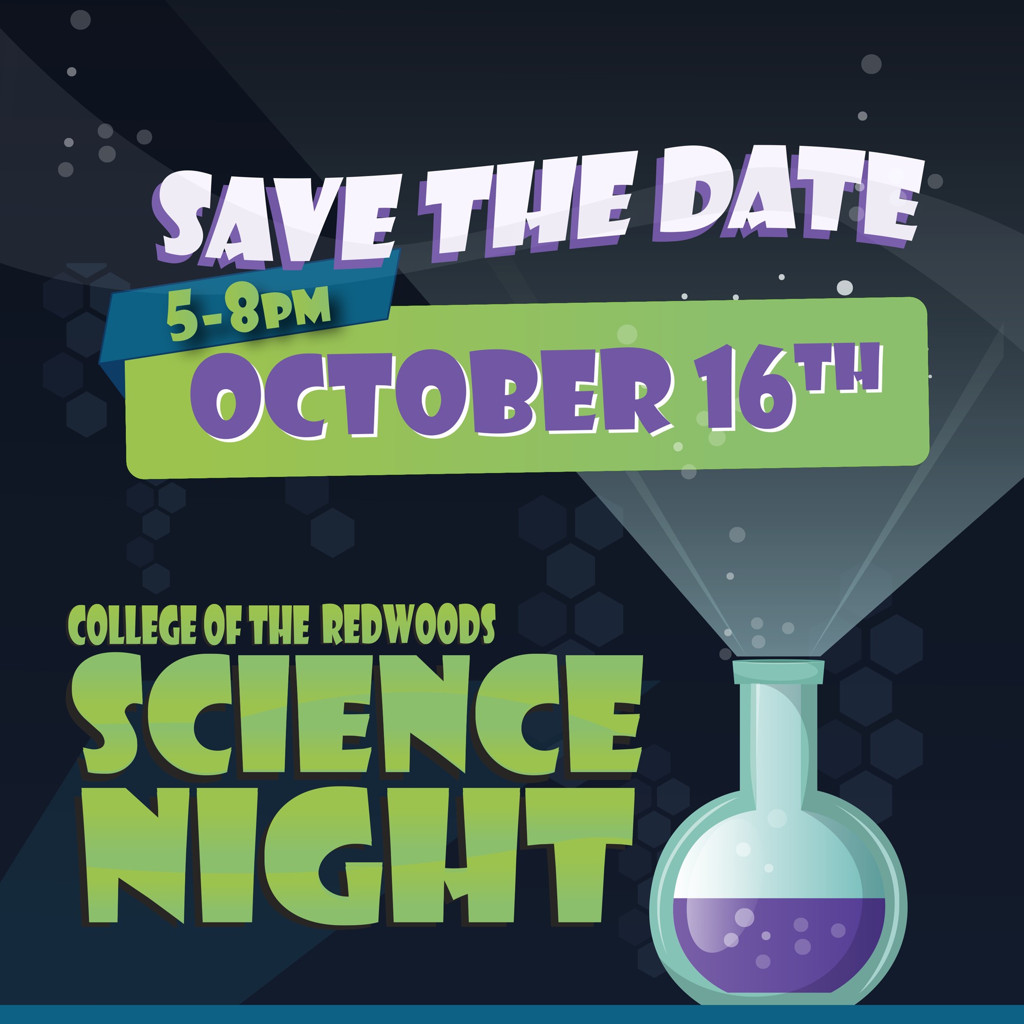Save the Date Science Night October 16th; beaker with purple liquid, text in purple with green background