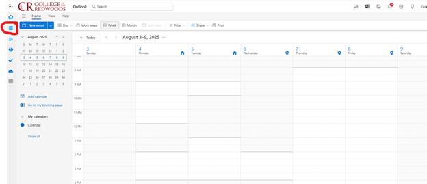 Access your Outlook calendar by clicking the blu calendar icon in the far left menu of your CR Outlook email.